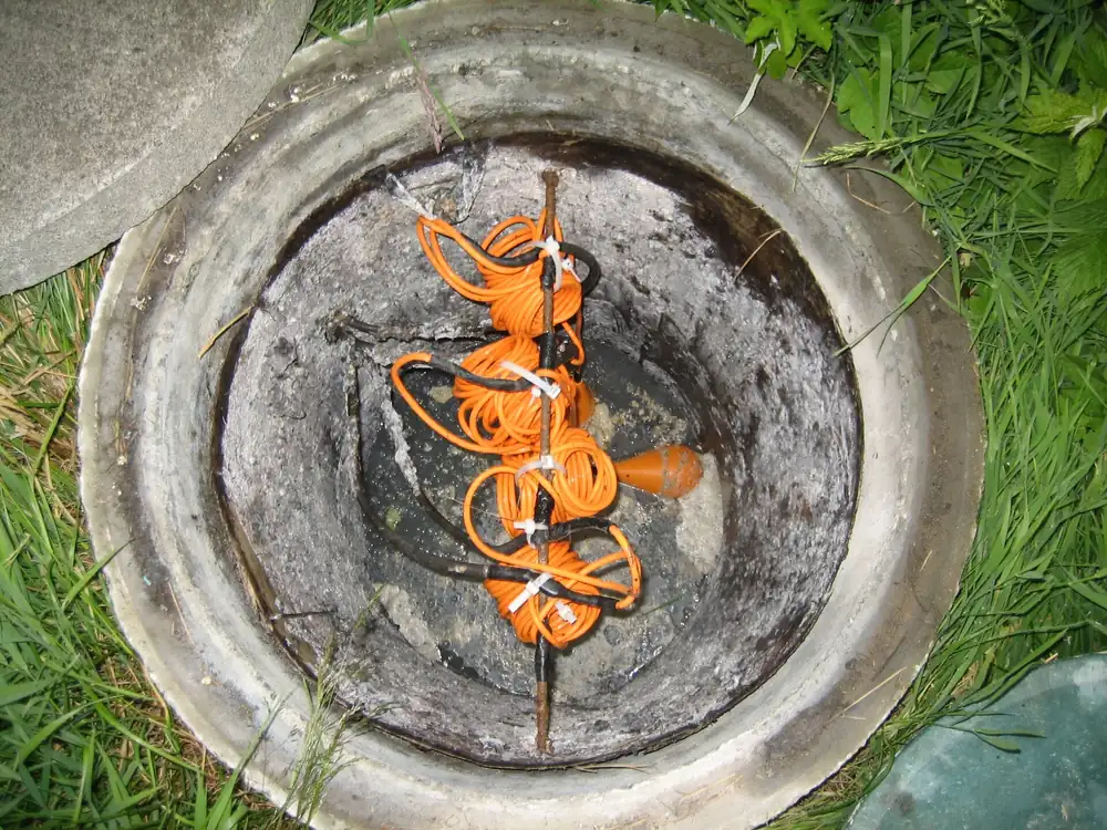 Looking down into an opened concrete septic tank riser with float switch cords visible inside